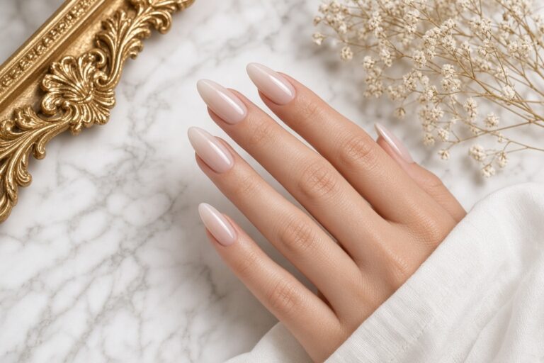 Gel X Manicure on Hand Nab Nail Bar Las Vegas Nab Nail Bar | Nails Lashes and Beauty in Las Vegas Hand wearing long almond gel x nails in a glossy nude finish at nab nail bar in las vegas nab nail bar | nails lashes and beauty in las vegas