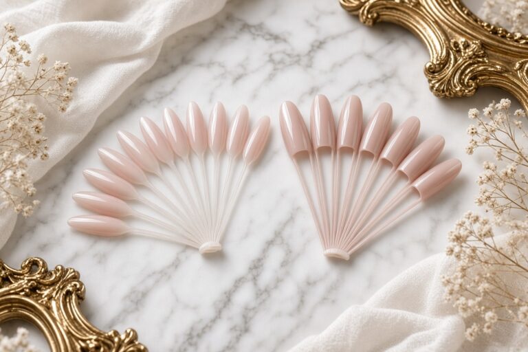 Blush pink nail color swatches fanned out on a white marble surface with gold ornate frames nearby and dried flowers nearby Nab nail bar | nails lashes and beauty in las vegas