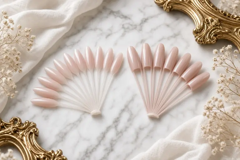 Blush pink nail color swatches fanned out on a white marble surface with gold ornate frames nearby and dried flowers nearby Nab nail bar | nails lashes and beauty in las vegas