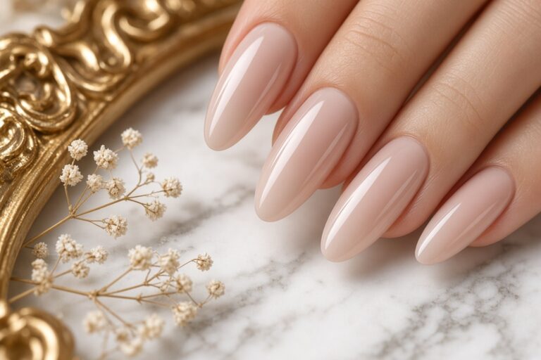 Close up of almond shaped nude manicure with high gloss finish on a marble surface near a gold decorative frame Nab nail bar | nails lashes and beauty in las vegas