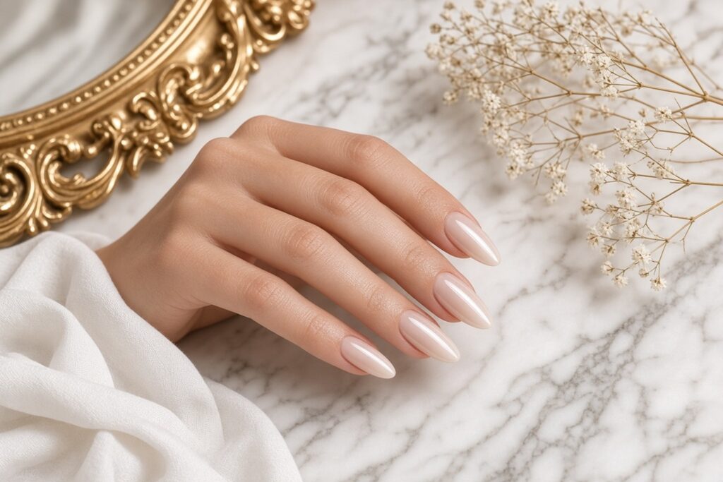 Long Gel X Nails Las Vegas Nab Nail Bar | Nails Lashes and Beauty in Las Vegas Hand with well manicured almond shaped nails in pale pink gloss resting on marble surface with ornate gold frame and dried flowers nearby nab nail bar | nails lashes and beauty in las vegas