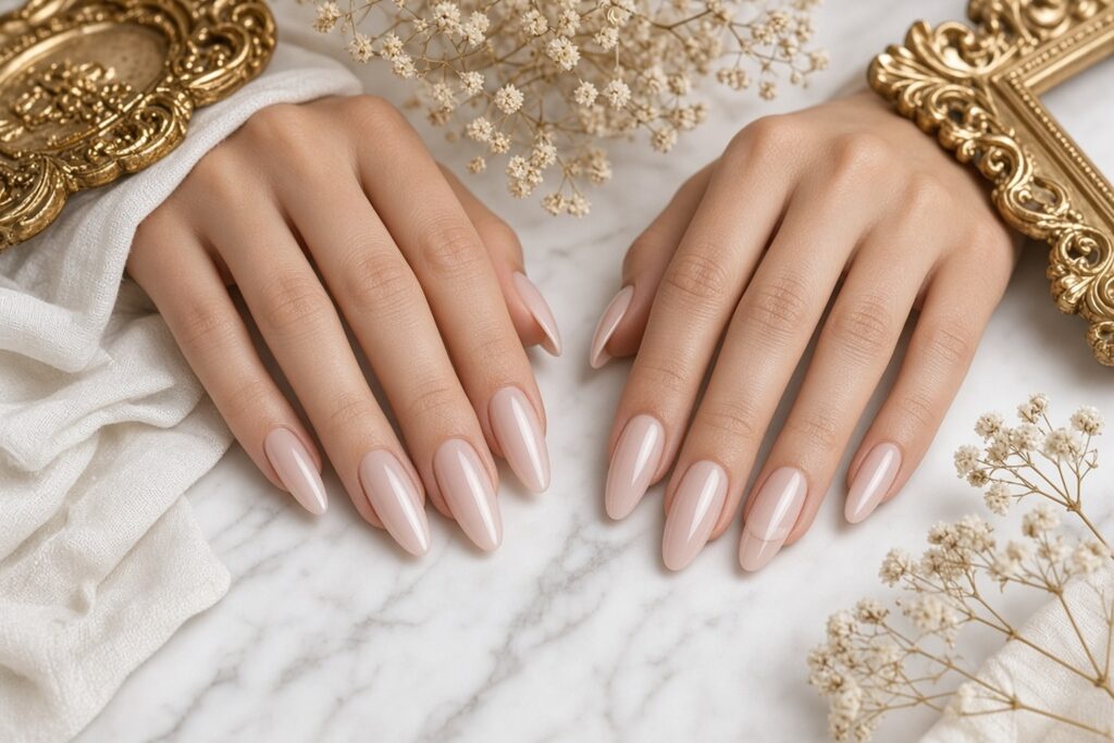 Gel X and Acrylic Nails Side by Side Nab Nail Bar | Nails Lashes and Beauty in Las Vegas Close up of hands with glossy nude almond nails resting on a marble surface surrounded by ornate gold frames and dried flowers Nab nail bar | nails lashes and beauty in las vegas