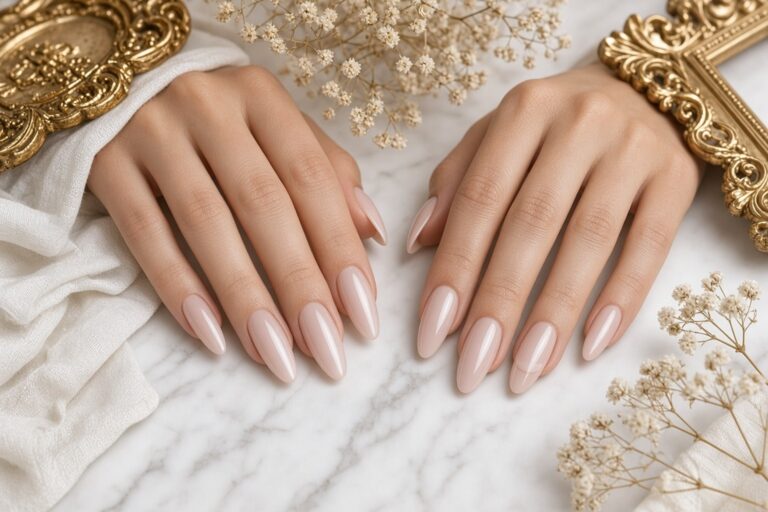 Close-up of hands with glossy nude almond nails resting on a marble surface, surrounded by ornate gold frames and dried flowers.