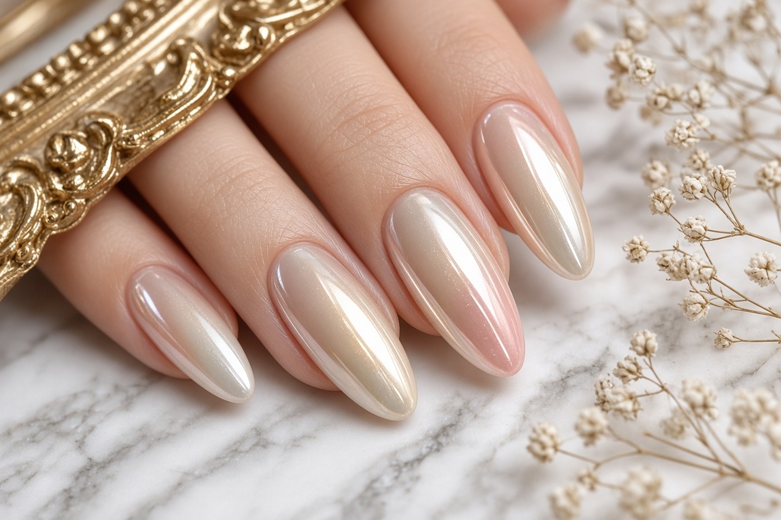 Close-up of glazed donut nails with a pearly iridescent finish at NAB Nail Bar in Las Vegas