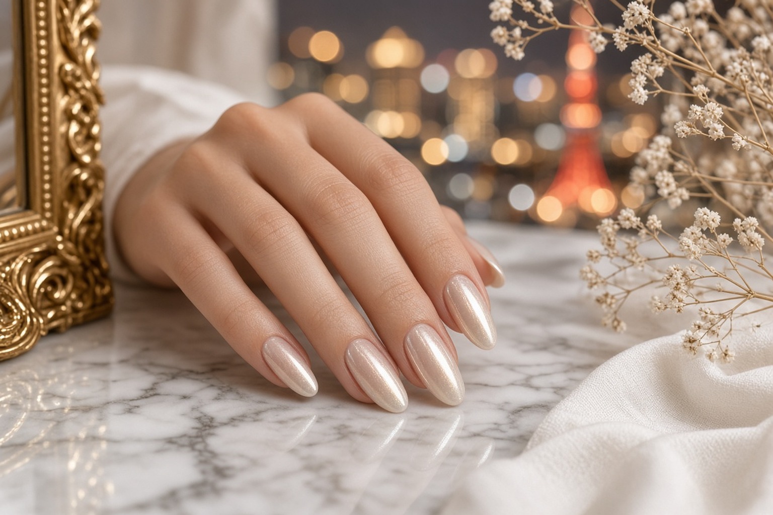 Hand wearing a glazed donut manicure with a pearly sheen at NAB Nail Bar in Las Vegas