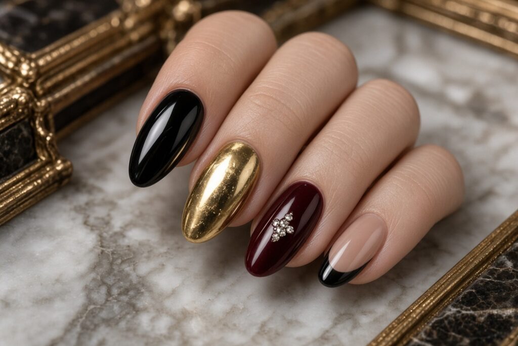 Close up of five glossy nails black on the index gold metallic on the middle burgundy with a rhinestone cluster on the ring and nude nails with black tips on the pinky and additional finger as background Nab nail bar | nails lashes and beauty in las vegas