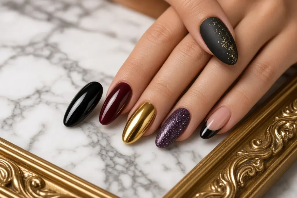 Nabbloghalloweencolors1536x1024 Nab Nail Bar | Nails Lashes and Beauty in Las Vegas Close up of a hand showing five manicured nails glossy black deep burgundy metallic gold purple glitter and nude with a black french tip on a marble surface with a gold frame backdrop Nab nail bar | nails lashes and beauty in las vegas