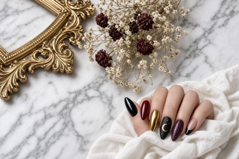 Flat lay manicure almond nails in black red gold crescent moon black purple glitter and nude with black tip on white fabric beside a gold ornate frame and dried flowers Nab nail bar