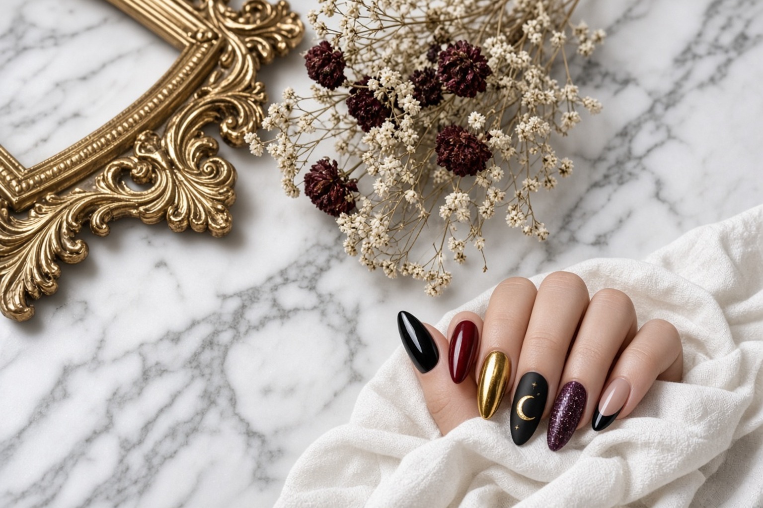 Flat lay manicure almond nails in black red gold crescent moon black purple glitter and nude with black tip on white fabric beside a gold ornate frame and dried flowers Nab nail bar | nails lashes and beauty in las vegas