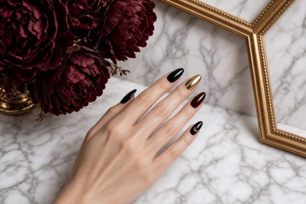 Hand with stiletto nails in black gold and burgundy resting on a marble surface beside a gold frame Nab nail bar | nails lashes and beauty in las vegas