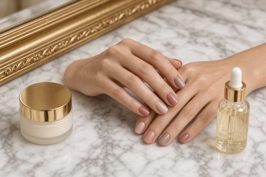 Hands with a neutral toned manicure resting on a marble surface beside a gold capped cream jar and a dropper bottle of serum Nab nail bar | nails lashes and beauty in las vegas