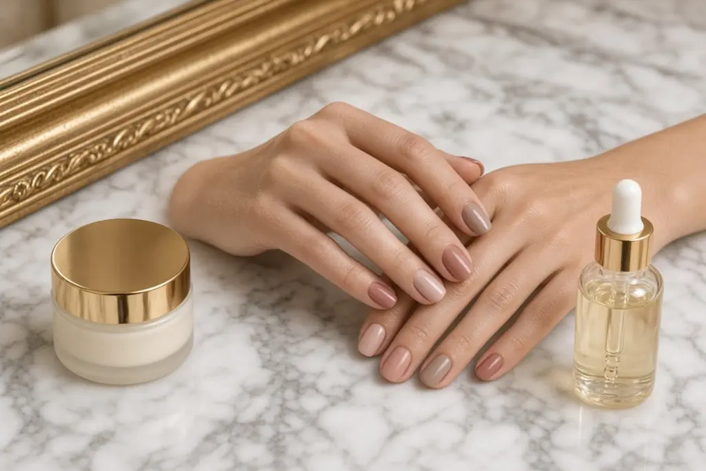 Nabbloghandcarecolors1536x1024 Nab Nail Bar | Nails Lashes and Beauty in Las Vegas Hands with a neutral toned manicure resting on a marble surface beside a gold capped cream jar and a dropper bottle of serum Nab nail bar | nails lashes and beauty in las vegas