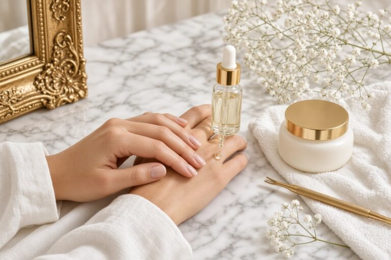 Close up of hands with oil being dispensed from a glass dropper onto the back of the hand on a marble vanity with spa jars nearby Nab nail bar | nails lashes and beauty in las vegas