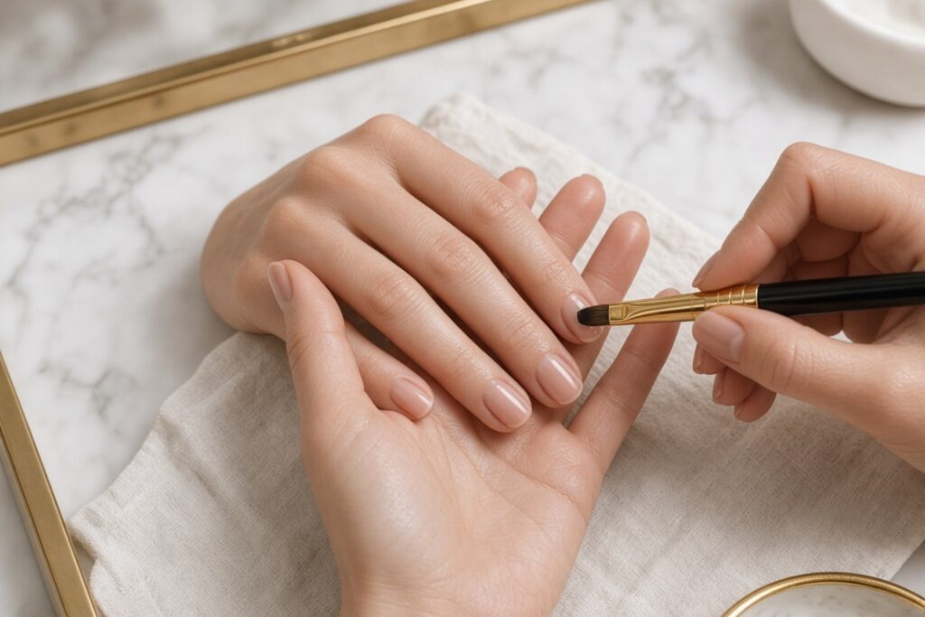 Woman nab nail bar | nails lashes and beauty in las vegas's hands resting on a towel while a nail artist applies nail polish with a brush on the fingernails.