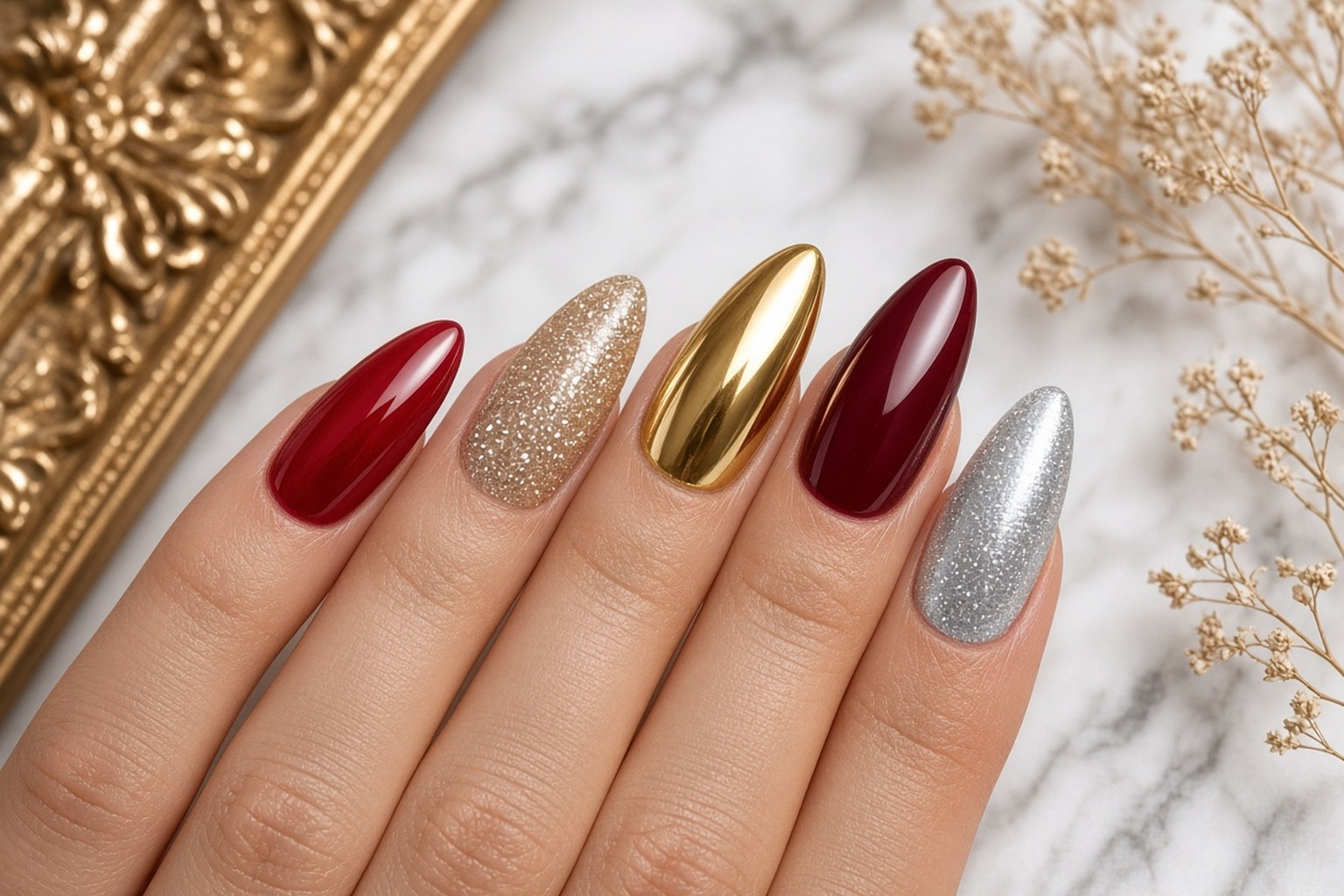 Close-up of festive holiday nails at NAB Nail Bar in Las Vegas