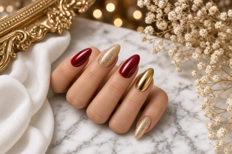 Holiday Manicure on Hand Nab Nail Bar Las Vegas Nab Nail Bar Hand wearing a festive holiday manicure at nab nail bar in las vegas nab nail bar