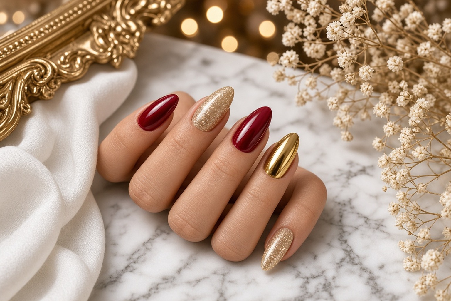 Hand wearing a festive holiday manicure at NAB Nail Bar in Las Vegas