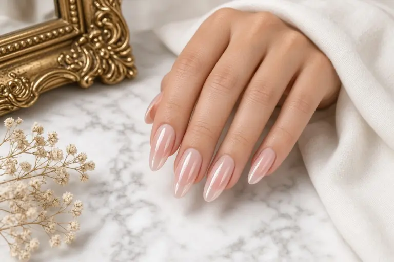 Hand wearing a glossy nude hybrid gel manicure at nab nail bar in las vegas nab nail bar | nails lashes and beauty in las vegas