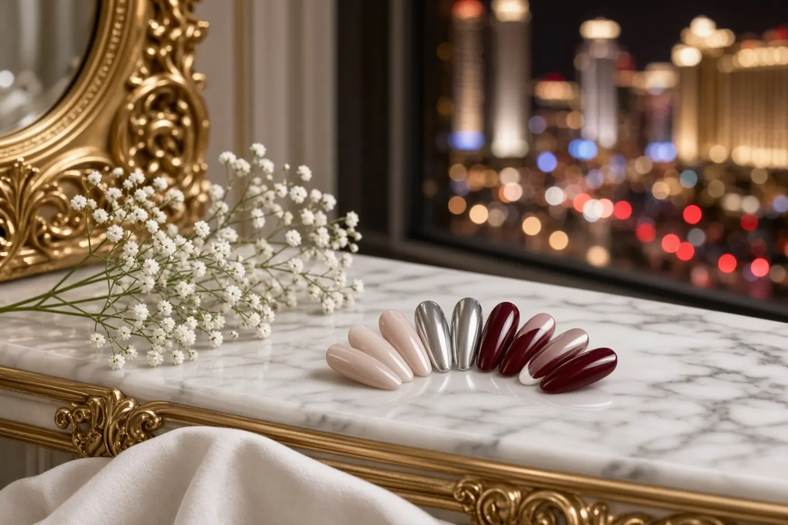 Row of glossy nail samples in nude, pink, silver, and burgundy laid on a marble surface with a white flower bouquet and ornate gold frame; city lights blurred in background.