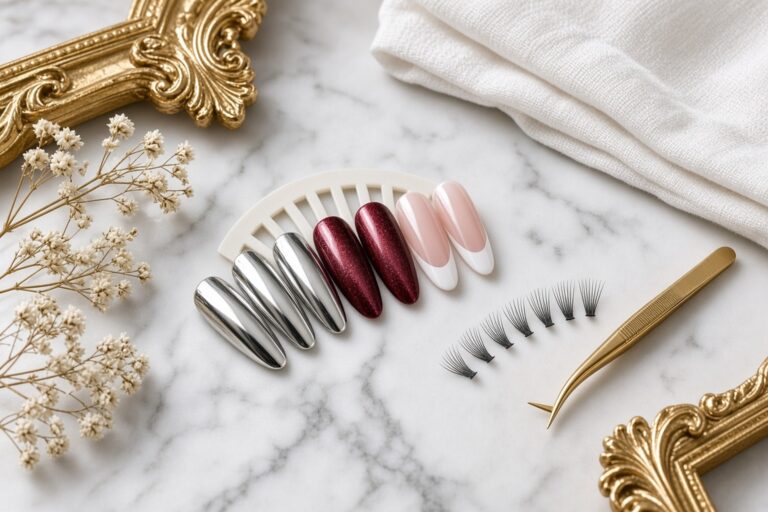 Nail Art and Eyelash Extension Trends Las Vegas Nab Nail Bar | Nails Lashes and Beauty in Las Vegas Silver burgundy and nude nail art alongside lash tools at nab nail bar in las vegas nab nail bar | nails lashes and beauty in las vegas