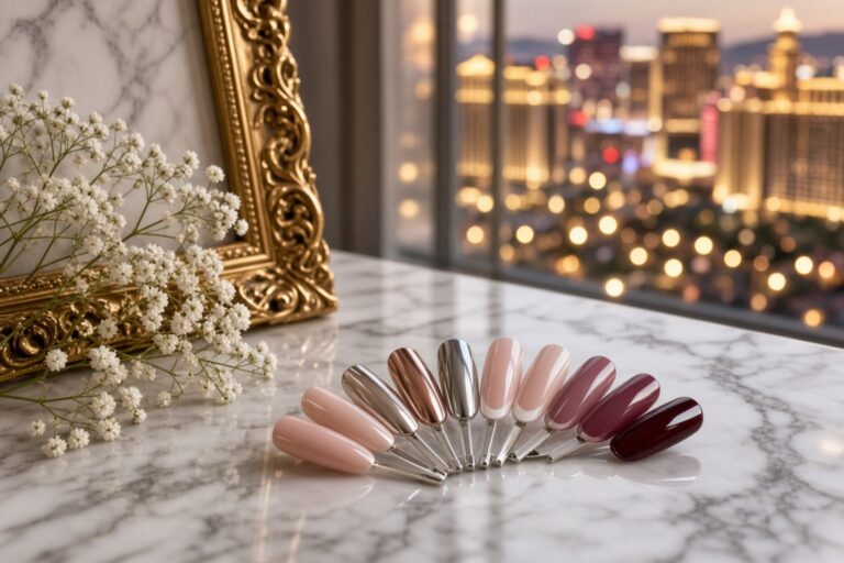 Nail polish swatches in a fan on a marble surface with a gold ornate frame and white flowers city lights blurred in the background Nab nail bar | nails lashes and beauty in las vegas