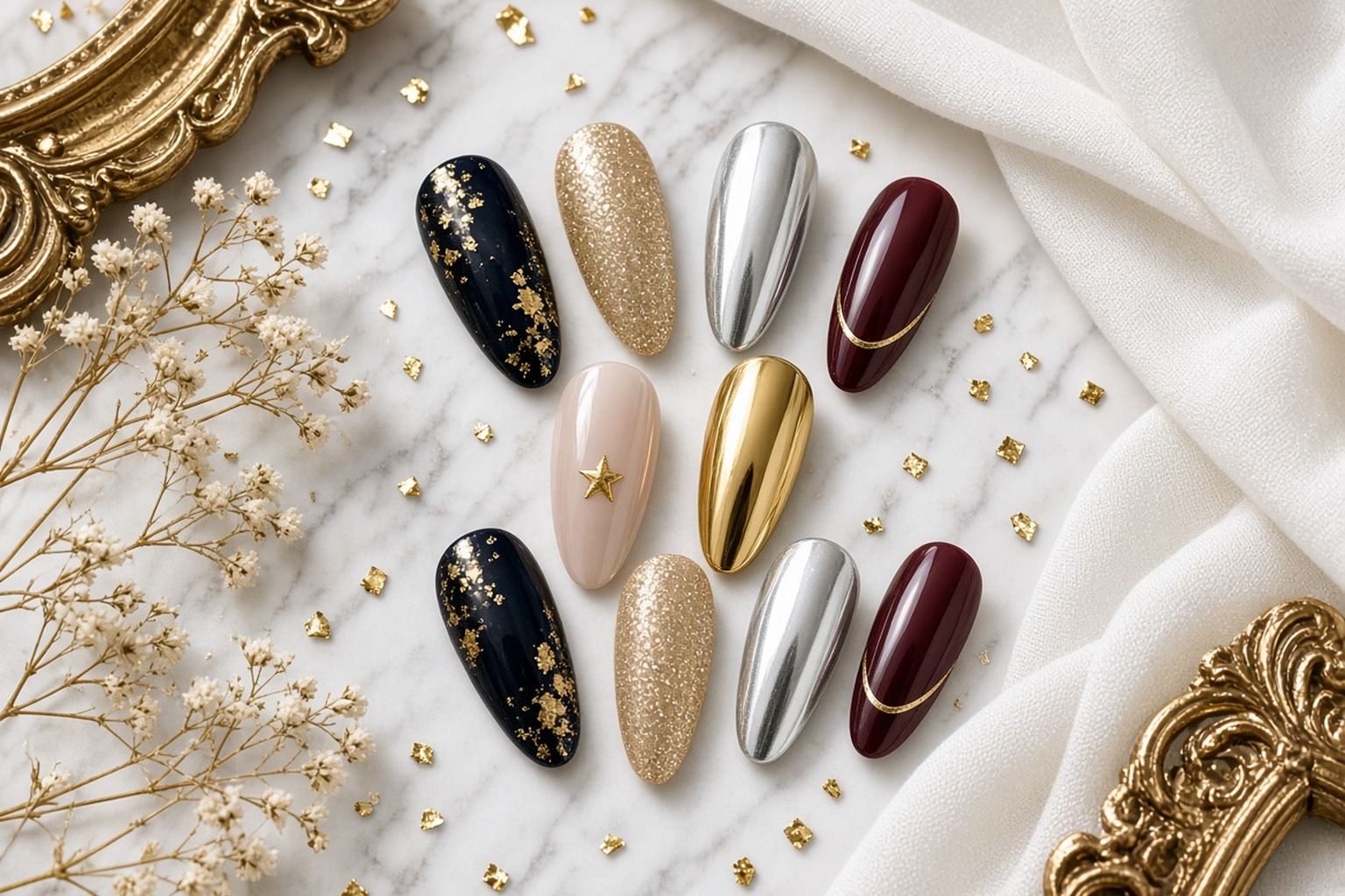 New Year’s Eve nail ideas in glitter and metallic finishes at NAB Nail Bar in Las Vegas