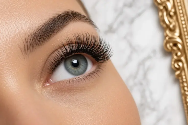 Close up of volume eyelash extensions with a full fanned lash line applied at nab nail bar in las vegas nab nail bar