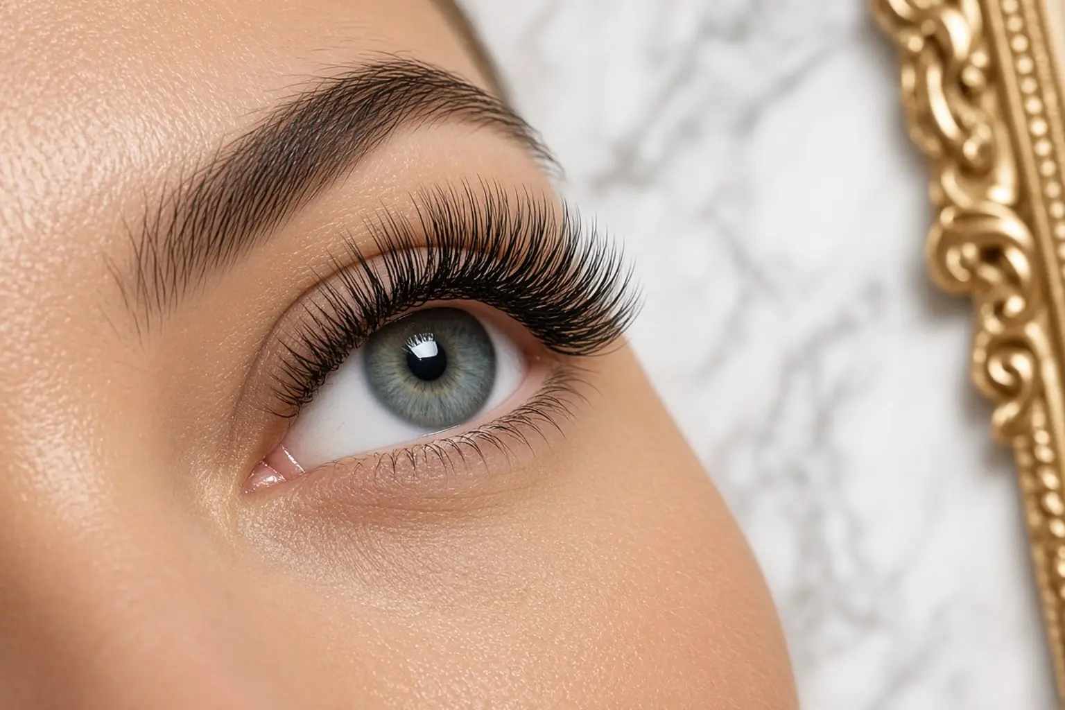 Close up of volume eyelash extensions with a full fanned lash line applied at nab nail bar in las vegas nab nail bar