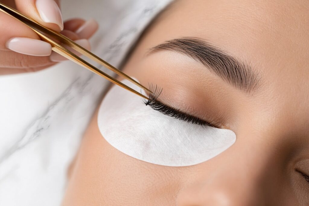 Close up of an eye during eyelash extension application a technician uses gold tweezers to apply a lash with a protective eye pad beneath the eye Nab nail bar | nails lashes and beauty in las vegas