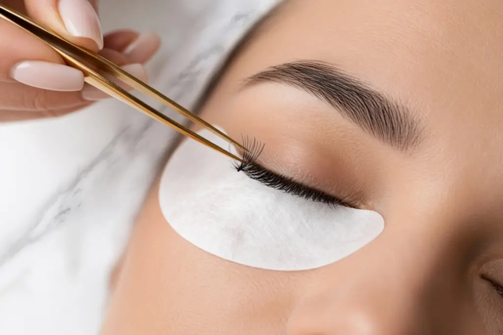 Nabblogpremierlashesapplication1536x1024 Nab Nail Bar | Nails Lashes and Beauty in Las Vegas Close up of an eye during eyelash extension application a technician uses gold tweezers to apply a lash with a protective eye pad beneath the eye Nab nail bar | nails lashes and beauty in las vegas