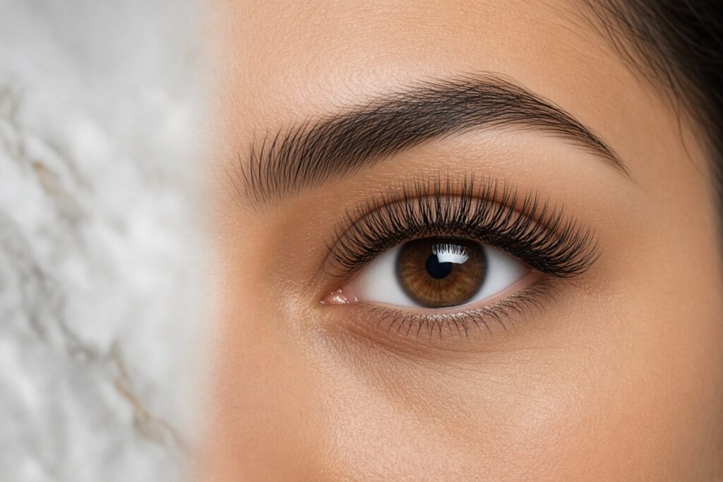 Close up of a brown eye with long curled lashes and a well groomed eyebrow Nab nail bar | nails lashes and beauty in las vegas
