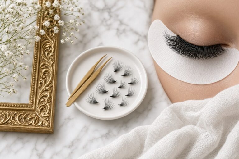 Premier Lash Extensions Las Vegas Nab Nail Bar | Nails Lashes and Beauty in Las Vegas Set of false eyelashes with a gold tweezer on a white dish beside an ornate frame and babys breath on a marble surface for eyelash extension work nab nail bar | nails lashes and beauty in las vegas