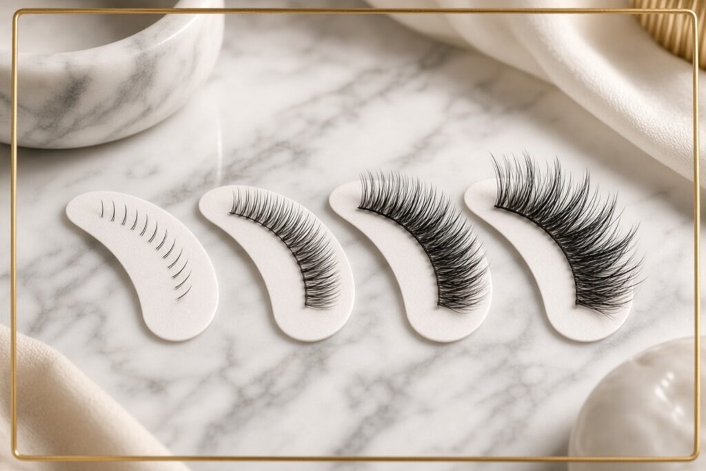 Four curved display cards with different lengths of false eyelashes laid on a marble surface Nab nail bar | nails lashes and beauty in las vegas