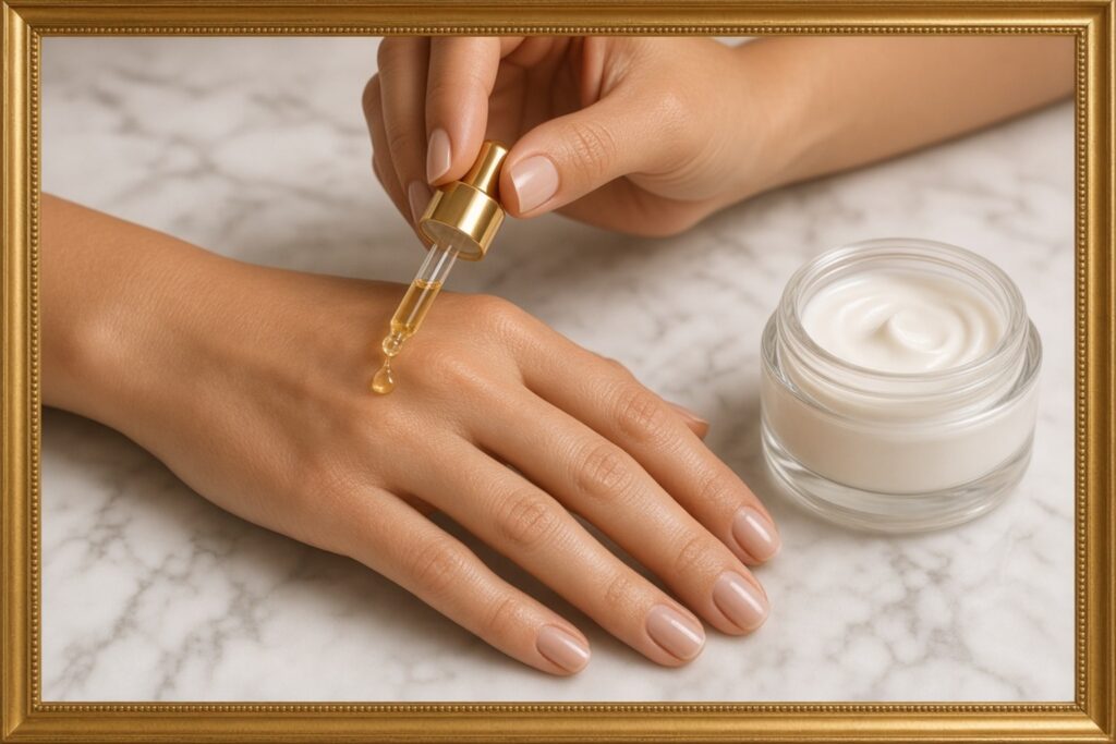 Close up of a dropper dispensing golden serum onto the back of a hand beside a glass jar of cream on a marble surface Nab nail bar | nails lashes and beauty in las vegas