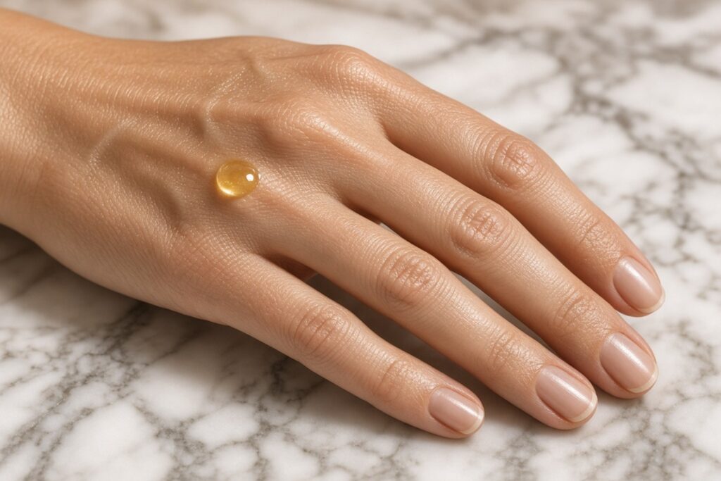 Drop of golden skincare oil resting on the back of a pale hand over a marble surface nab nail bar | nails lashes and beauty in las vegas