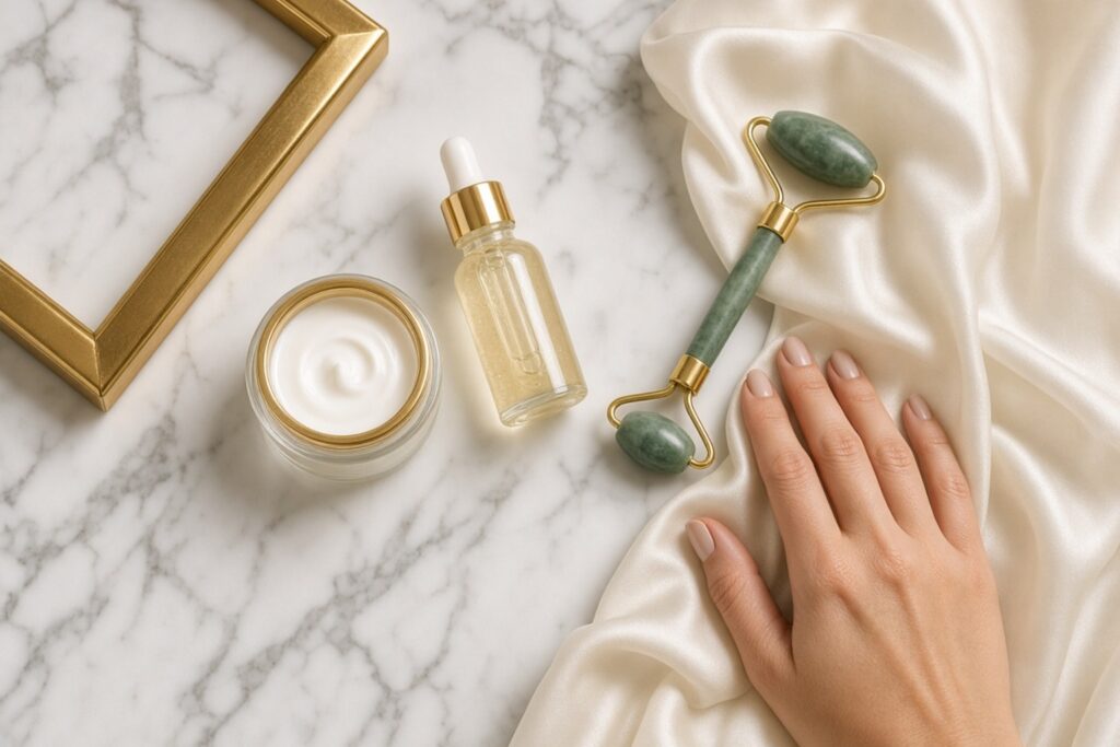 Spa skincare setup on marble surface with jade roller jar of cream and dropper bottle beside a silk fabric a manicured hand rests nearby nab nail bar | nails lashes and beauty in las vegas