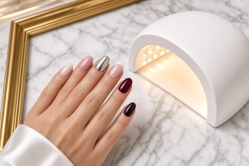 Hand with a gel manicure in pale pinks metallic silver and burgundy beside a curved white uv lamp on a marble surface nab nail bar | nails lashes and beauty in las vegas