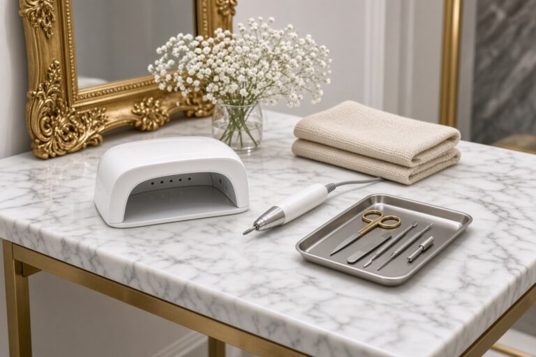 Manicure station on marble table featuring a white uv nail lamp stainless steel tools on a tray folded beige towels and a vase of babys breath with a gold framed mirror in the background Nab nail bar | nails lashes and beauty in las vegas