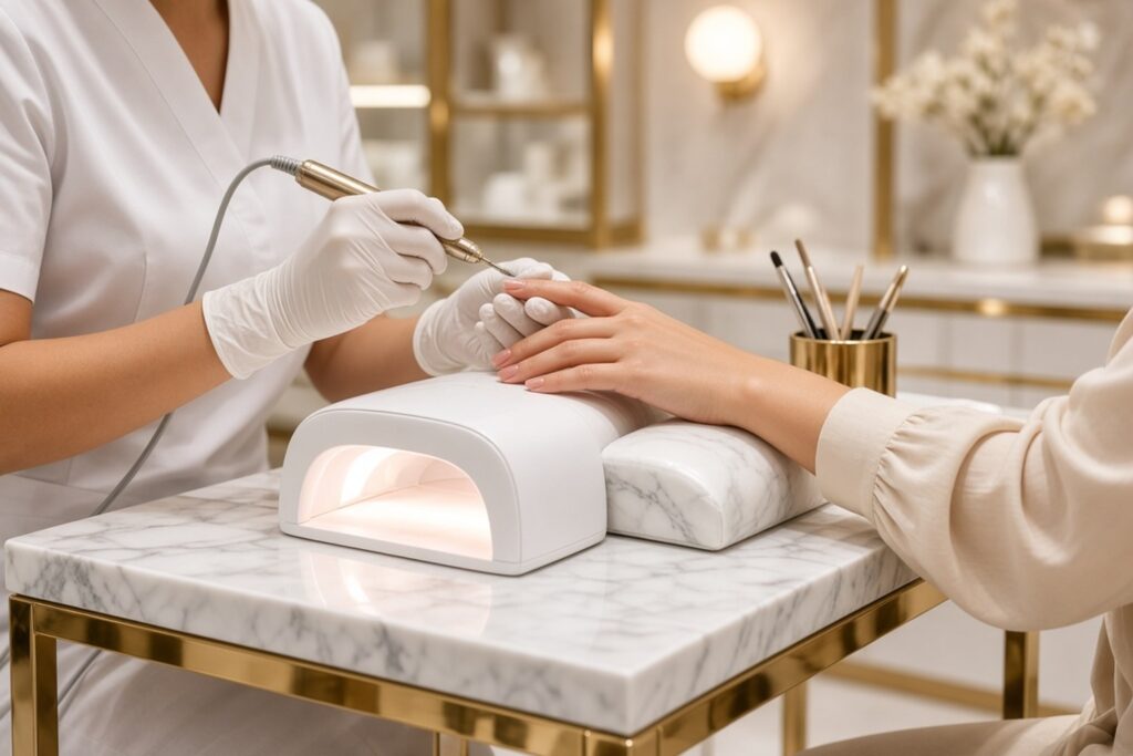 Manicurist using an electric nail drill on a clients nails at a marble salon station Nab nail bar | nails lashes and beauty in las vegas