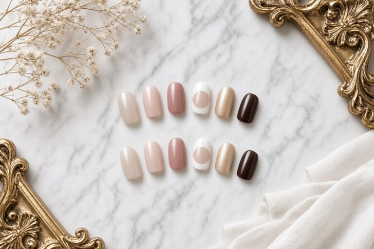 Nail art swatches in nude pinks white and gold glitter arranged on a marble surface with ornate gold frames surrounding Nab nail bar | nails lashes and beauty in las vegas