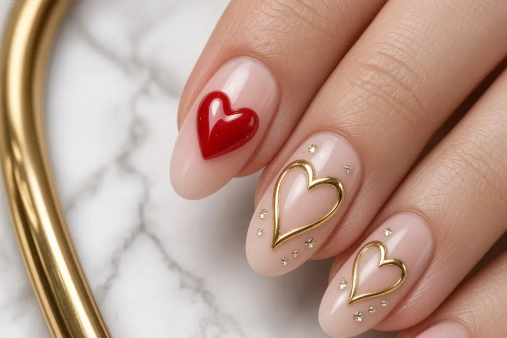 Nabblogvalentinenailartcloseup1536x1024 Nab Nail Bar | Nails Lashes and Beauty in Las Vegas Nail art with a red heart accent on the index finger and gold outlined heart designs with small rhinestones on the middle and ring fingers natural pink base Nab nail bar | nails lashes and beauty in las vegas
