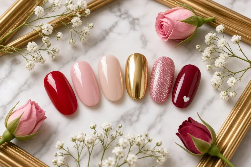 Nabblogvalentinenailartcolors1536x1024 Nab Nail Bar | Nails Lashes and Beauty in Las Vegas Row of six glossy press on nails in red blush pink nude gold glitter pink and burgundy with a tiny white heart on the burgundy nail laid on marble with pink roses and white babys breath Nab nail bar | nails lashes and beauty in las vegas