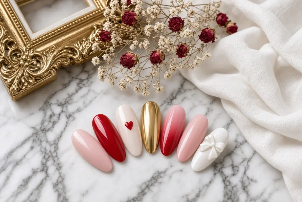 Nabblogvalentinenailartfeatured1536x1024 Nab Nail Bar | Nails Lashes and Beauty in Las Vegas Row of decorative nail tips on marble pastel pinks red nude with small heart gold metallic pink gradient and white bow with a white background fabric nearby Nab nail bar | nails lashes and beauty in las vegas