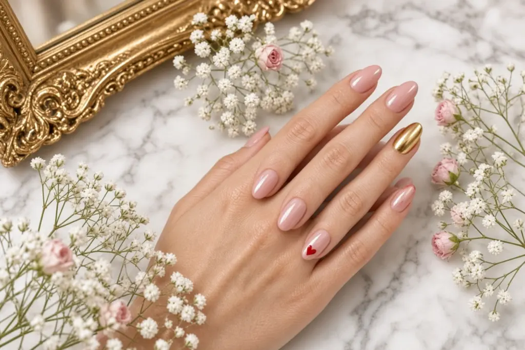Nabblogvalentinenailarthand1536x1024 Nab Nail Bar | Nails Lashes and Beauty in Las Vegas Close up of hands with glossy pale pink nails on a marble surface one nail featuring a small red heart surrounded by delicate white flowers and a gold ornate frame Nab nail bar | nails lashes and beauty in las vegas