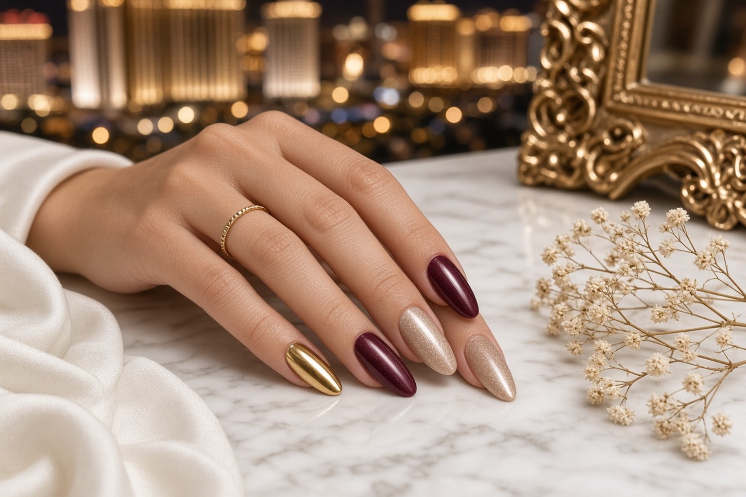 Hand wearing trendy nail extensions with custom nail art at NAB Nail Bar in Las Vegas