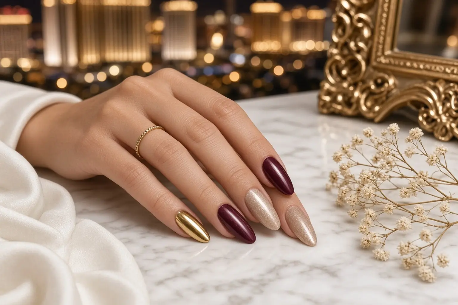 Hand wearing trendy nail extensions with custom nail art at NAB Nail Bar in Las Vegas