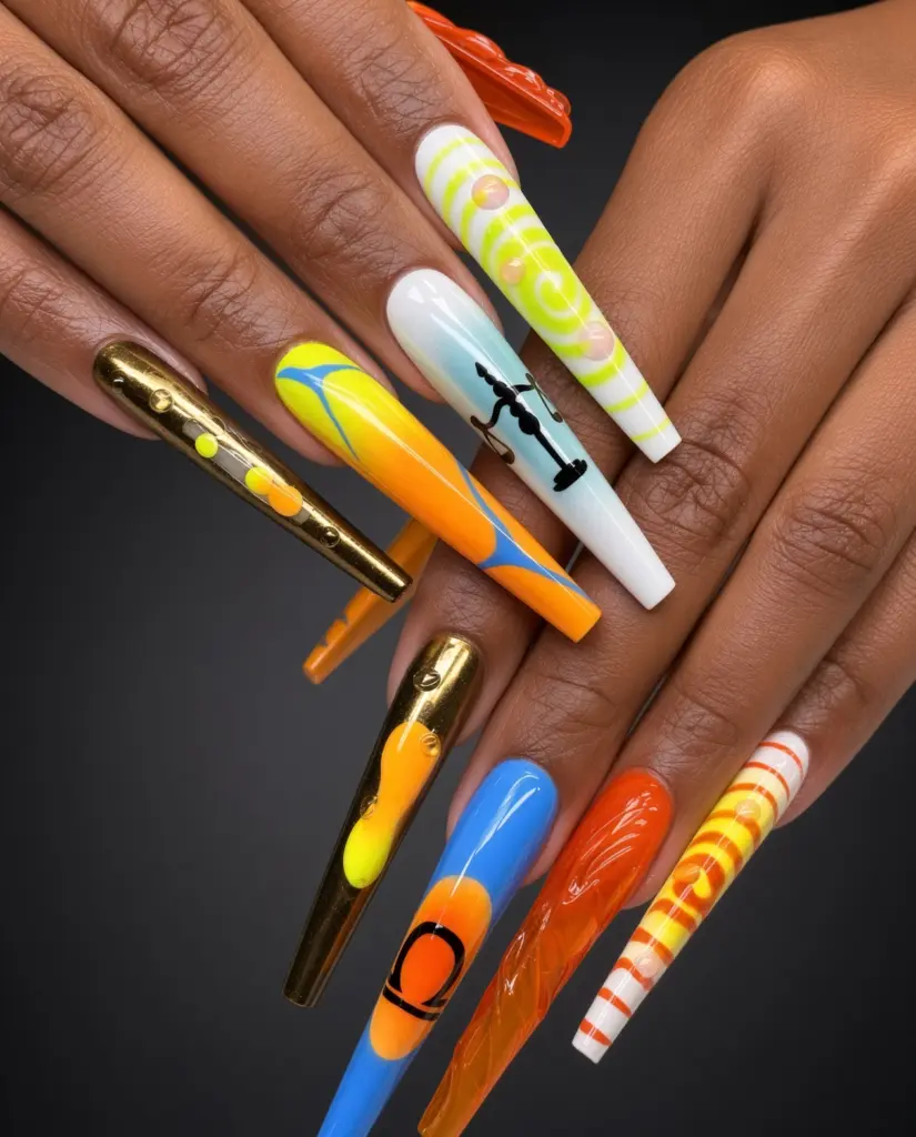 Gel X nails in a neon colour mix at NAB Nail Bar Las Vegas