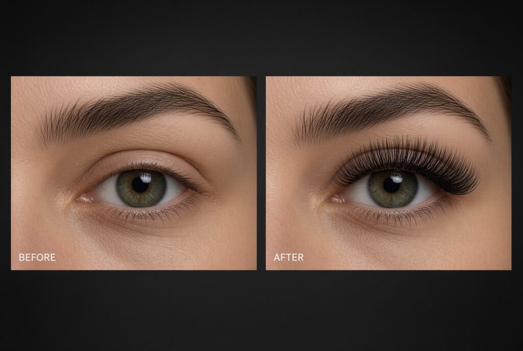 Natural lashes before and after eyelash extensions at NAB Nail Bar in Las Vegas