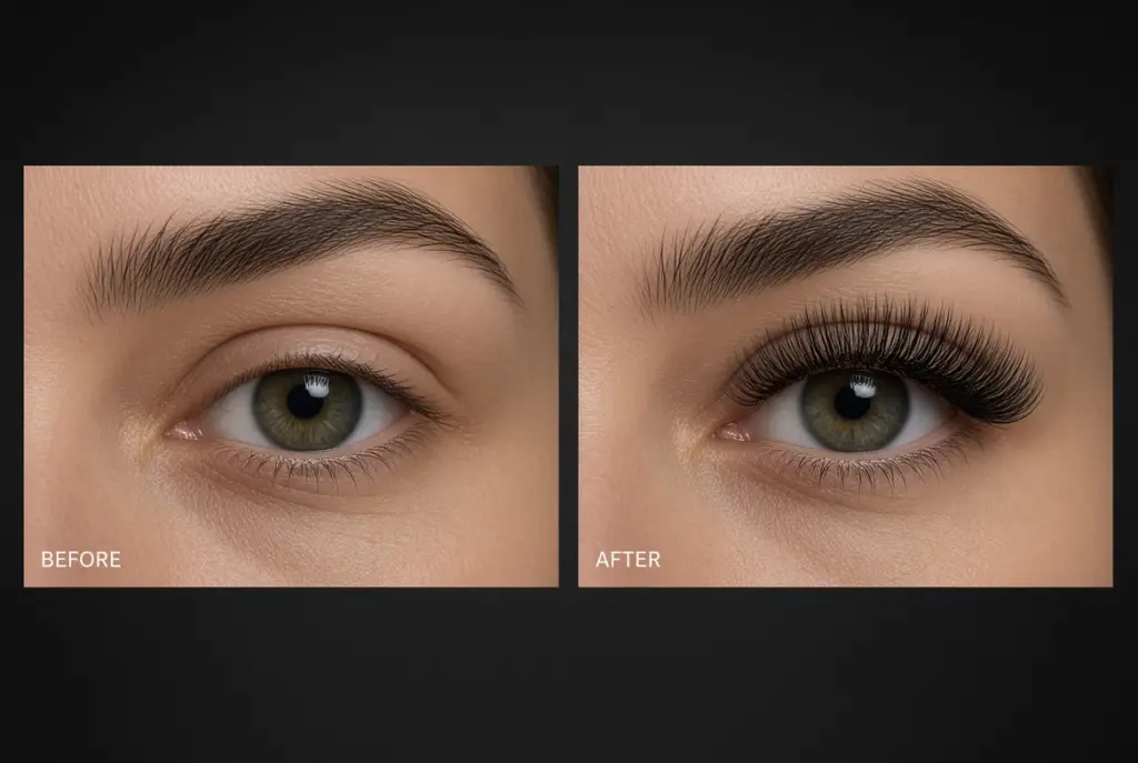 Natural lashes before and after eyelash extensions at NAB Nail Bar in Las Vegas