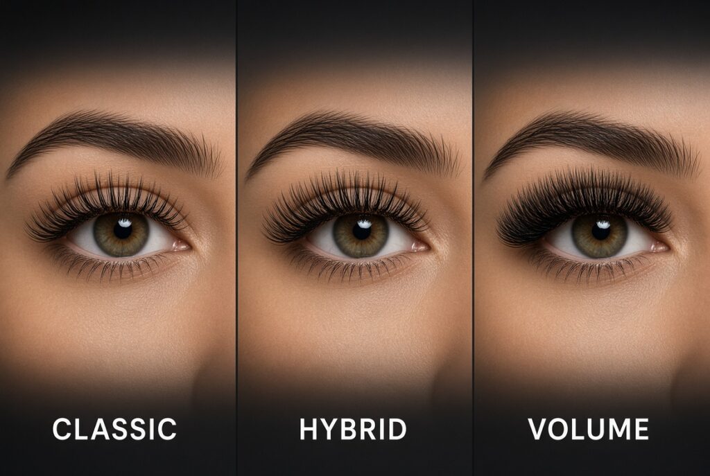 Classic, hybrid and volume lash extensions compared side by side at NAB Nail Bar in Las Vegas